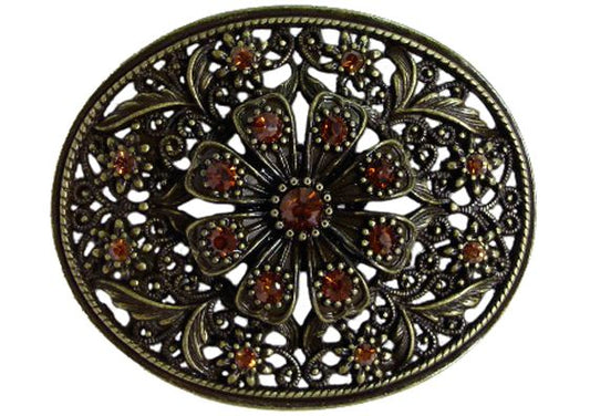 864-DH - Buckle - Floral antique brass with amber rhinestones