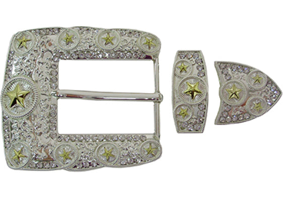 888-EP - Buckle - 1.5 inch bar - 3 pieces, silver with gold stars outlined with rhinestones