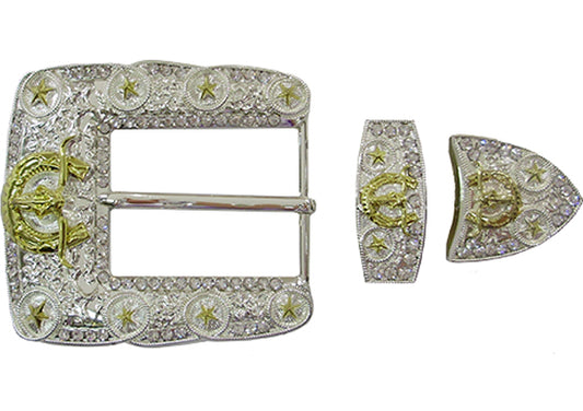 894-EL - Buckle - 1 1/2 inch bar - 3 piece set - Gold longhorn on a gold horse shoe, gold relied stars outlined in rhinestones