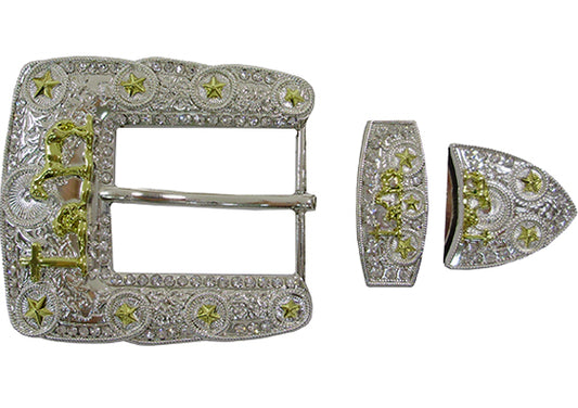 895-EM - Buckle - 3 piece set - Gold praying cowboy scene and gold stars outlined in rhinestones