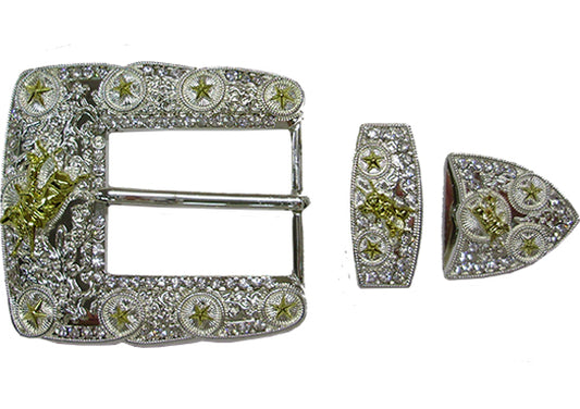 896-EN - Buckle - 1 1/2 inch bar - 3 pieces set - silver with gold bull rider and stars