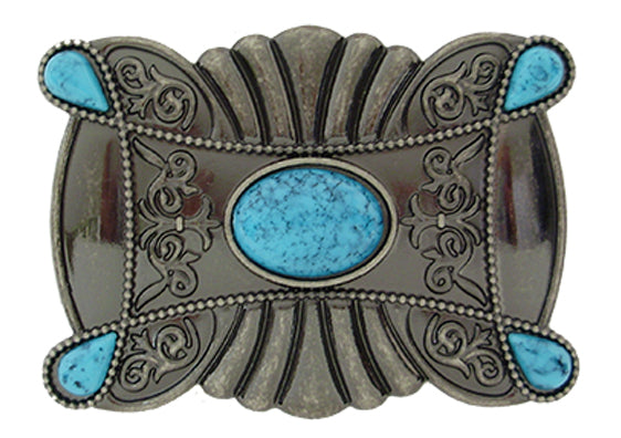 908-EZ - Buckle - 1.5 inch bar, Floral with simulated turquoise stones on the corners and in the center