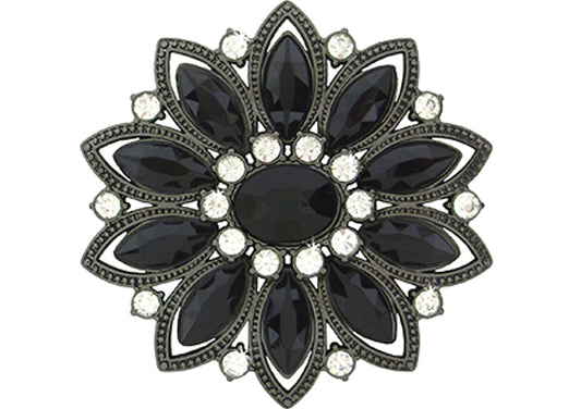 909-FK - Buckle - 1.5 inch bar, Black stones and rhinestones forming a flower