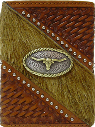 9111007N - Wallet - Tri-fold, embossed with cowhide and a longhorn concho, outlined with nail heads