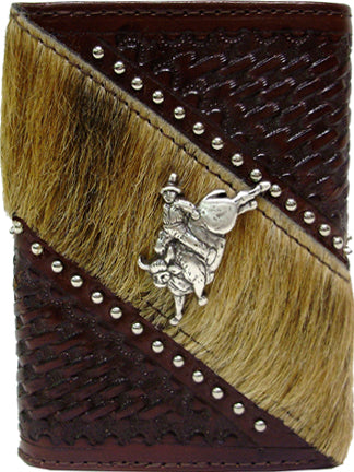 9111084C - Wallet - Tri-fold, Lattice work with nail heads, hairy calf overlay with a bull rider concho