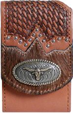 F9212007N - Flip phone cell case - 1 horse hair overlay, lattice work, nail heads, longhorn on rope edged concho, clip on back