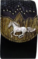 F9212048B - Flip phone cell case - 1 horse hair overlay, lattice work, nail heads, running horse concho, clip on back