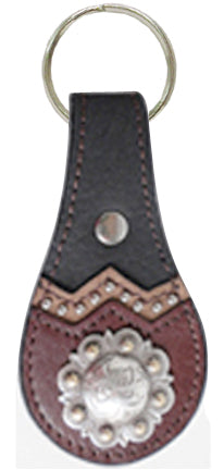 9401011C - Leather Keychain - Two Overlays, One Overlay with Nail heads, Two-Tone Berry Concho