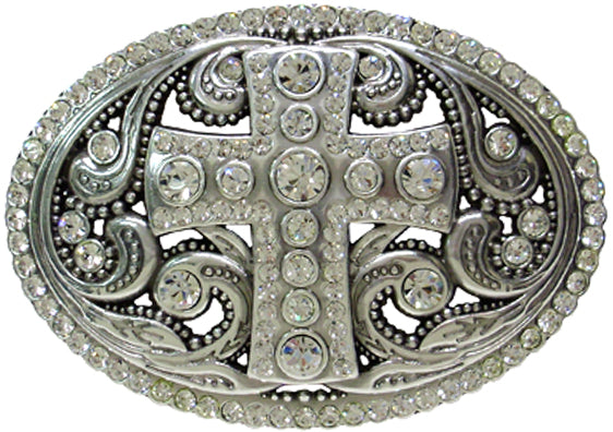 940-FG - Buckle - 1.5 inch bar - Oval with rhinestone cross, outlined with rhinestones