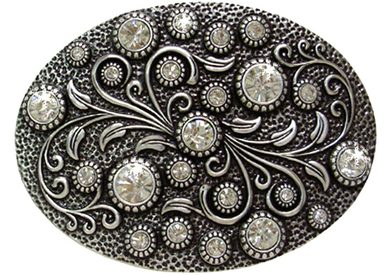 944-FJ - Buckle - 1.75 inch bar - Oval antique floral with rhinestones