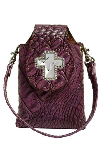 CS2879221P - Smart phone case - Genuine Italian leather, rhinestone cross, clip on back with strap  - Purple