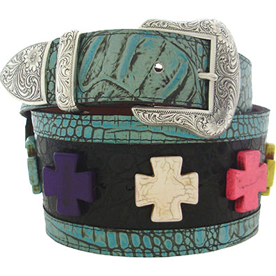 DW9624400B - Belt - 3 width, Trimmed with Genuine Italian leather, multi colored crosses