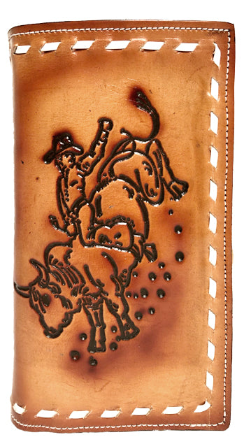 P0371 - Bull Rider Buck-Stitched Wallet with P-Pockets.<br />Card Slots only on Straight Left Pkt & Plain Straight Right Pkt.