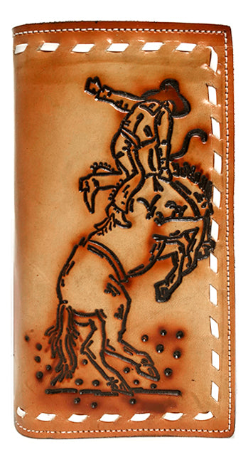 P0372 - Bronc Rider Buck-Stitched Wallet with P-Pockets.<br />Card Slots only on Straight Left Pkt & Plain Straight Right Pkt.