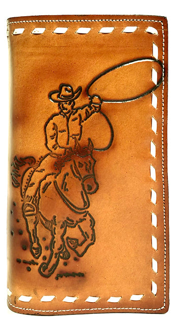 E0373 - Calf Roper Buck-Stitched Wallet with E-Pockets.<br />Card Slots on Both Left Curved Top Open Pkt. & Right Straight Pkt.