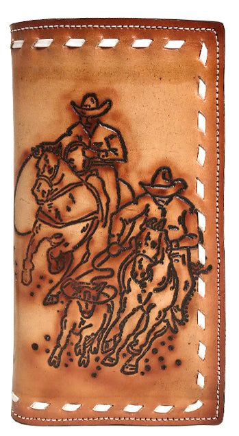 E0374 - Team Roper Buck-Stitched Wallet w/ E-Pockets.<br />Card Slots on Both Left Curved Top Open Pkt. & Right Straight Pkt.