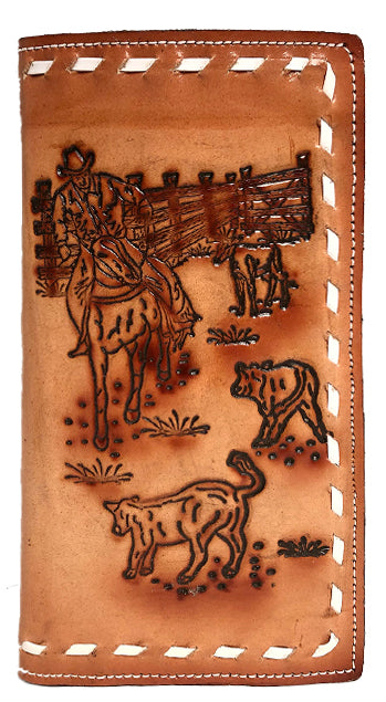 E0377 - Team Penning Buck-Stitched Wallet w/ E-Pockets.<br />Card Slots on Both Left Curved Top Open Pkt. & Right Straight Pkt.