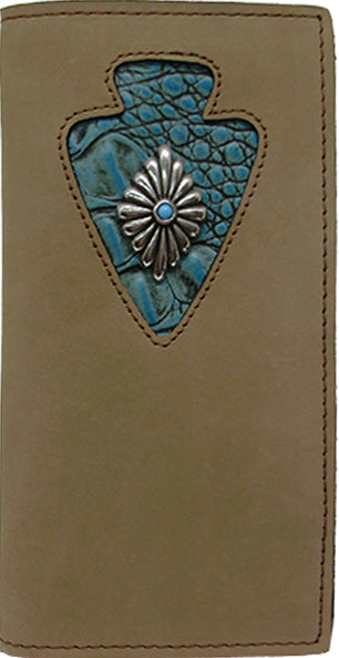 E0487280T - Wallet - Genuine Italian leather underlay of arrowhead cutout, diamond southwest concho w/simulated TQ stone