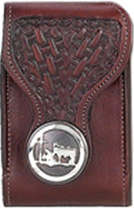 F2105061C - Flip phone cell case - Lattice work, Praying Cowboy concho, clip on back - Shoe Brown (Matching 0303061C, 8103061C)