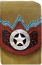 F2892050T - Flip phone cell case - 1 Turquoise Genuine Italian leather and 1 embossed overlays, silver star concho