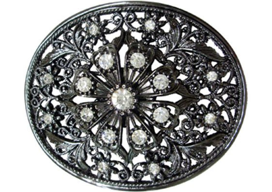 863-DG - Buckle - Floral antique silver with clear rhinestones