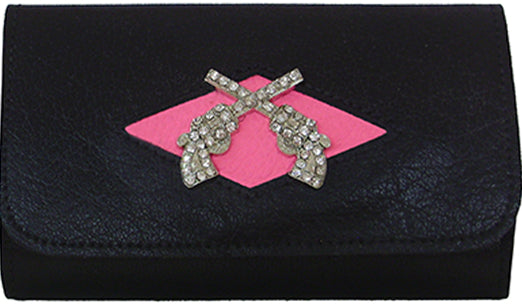 H2941271B - Custom Leather Smart Phone - Horizontal with crossed rhinestone guns on a pink diamond, clip on back