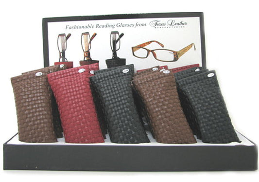 R500016 - READING GLASSES - 30 ASSORTED GLASSES W/ ETCHED SIDES & STONES W/ POUCH AND DISPLAY