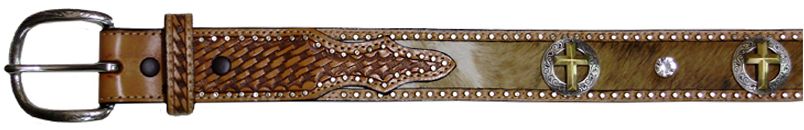 S2771064N - Belt - 1.50 widHairy calf with embossed ends, 5 2-tone cross conchos with alternating clear rhinestones, outlined by nail heads