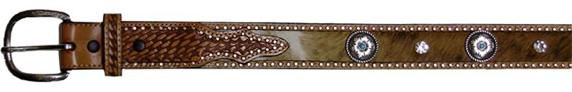 S2771068N - Belt - 1.50 width Hairy calf w/embossed ends, 5 round concho w/TQ stone alternating w/large clear rhinestone