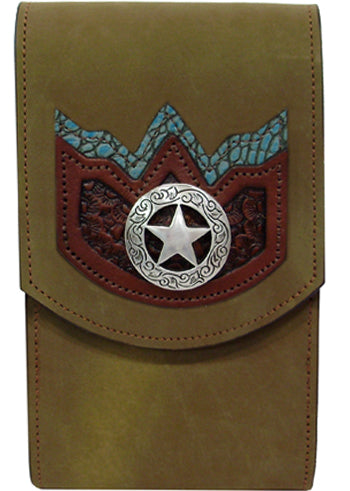 V2892050T - Smart phone case - Embossed overlay, Turquoise Italian leather overlay, silver star concho, clip on back