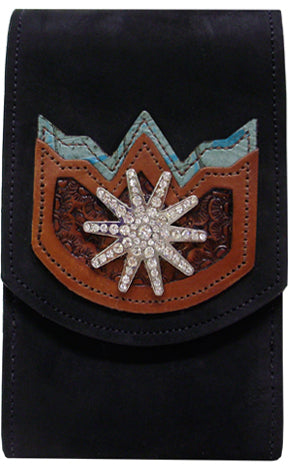 V2892181B - Smart phone case - Embossed overlay, turquoise Italian leather overlay, rhinestone spur concho, clip on back with strap