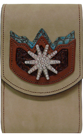 V2892181T - Smart phone case - Embossed overlay, turquoise Italian leather overlay, rhinestone spur concho, clip on back with strap