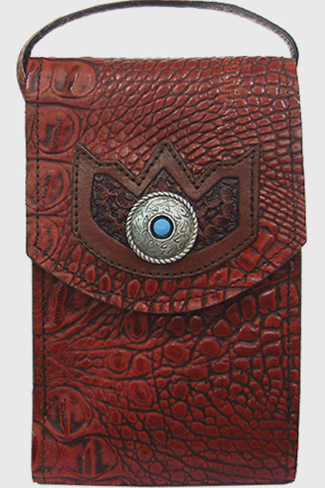 XLP2935270R - Smart phone case - Genuine Italian leather, embossed overlay, round southwest concho with TQ center, 2 straps